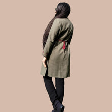 Load image into Gallery viewer, long-sleeve-brushed-cotton-tunic-dress-in-khaki-with-embroidery-detail-on-sleeve-cuffs-showing-string-tie-waist-back
