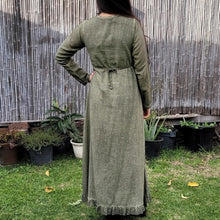 Load image into Gallery viewer, long-sleeve-cotton-maxi-dress-in-khaki-with-eyelet-embroidery-on-front-sides-pintuck-detail-on-chest-lace-frill-at-skirt-hem-showing-string-tie-at-waist-back
