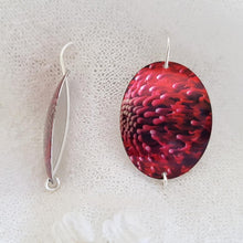 Load image into Gallery viewer, handmade-waratah-flower-imprinted-small-slightly-domed-oval-earrings-with-sterling-silver-hooks-front-and-side
