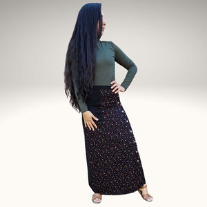 high-waisted-brushed-cotton-flannel-maxi-skirt-in-black-with-ditsy-floral-print-accent-pocket-on-front-right-in-solid-black-and-button-through-off-centre-front-slit-full-front-view